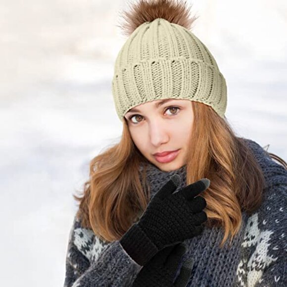 Fleece Lined Pom Beanie Touchscreen Gloves Set Unisex Winter Warm Accessories - Picture 6 of 8